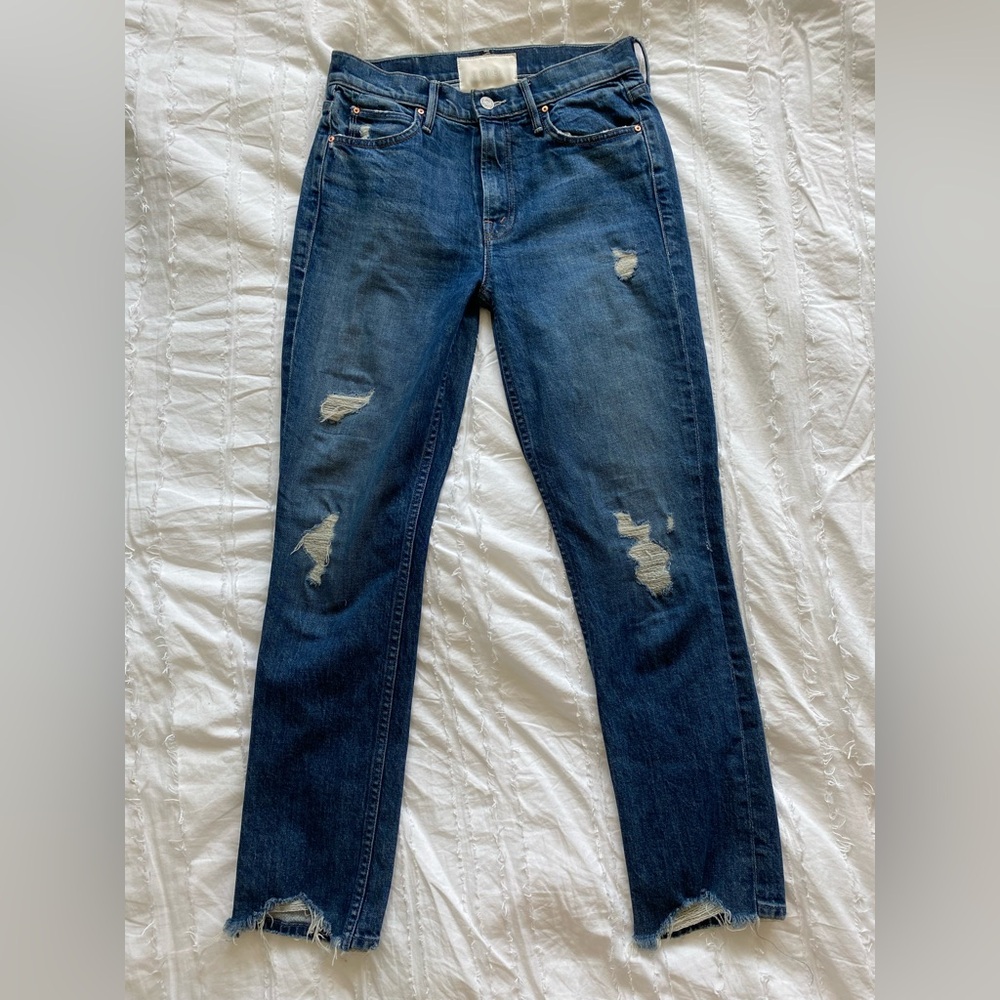 MOTHER Skinny Blue Distressed Jeans